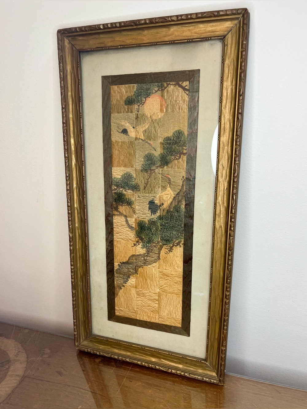 Vintage Japanese Chirimen Panting, Woven Gold Crepe, Matsubashira Cranes & Pines
